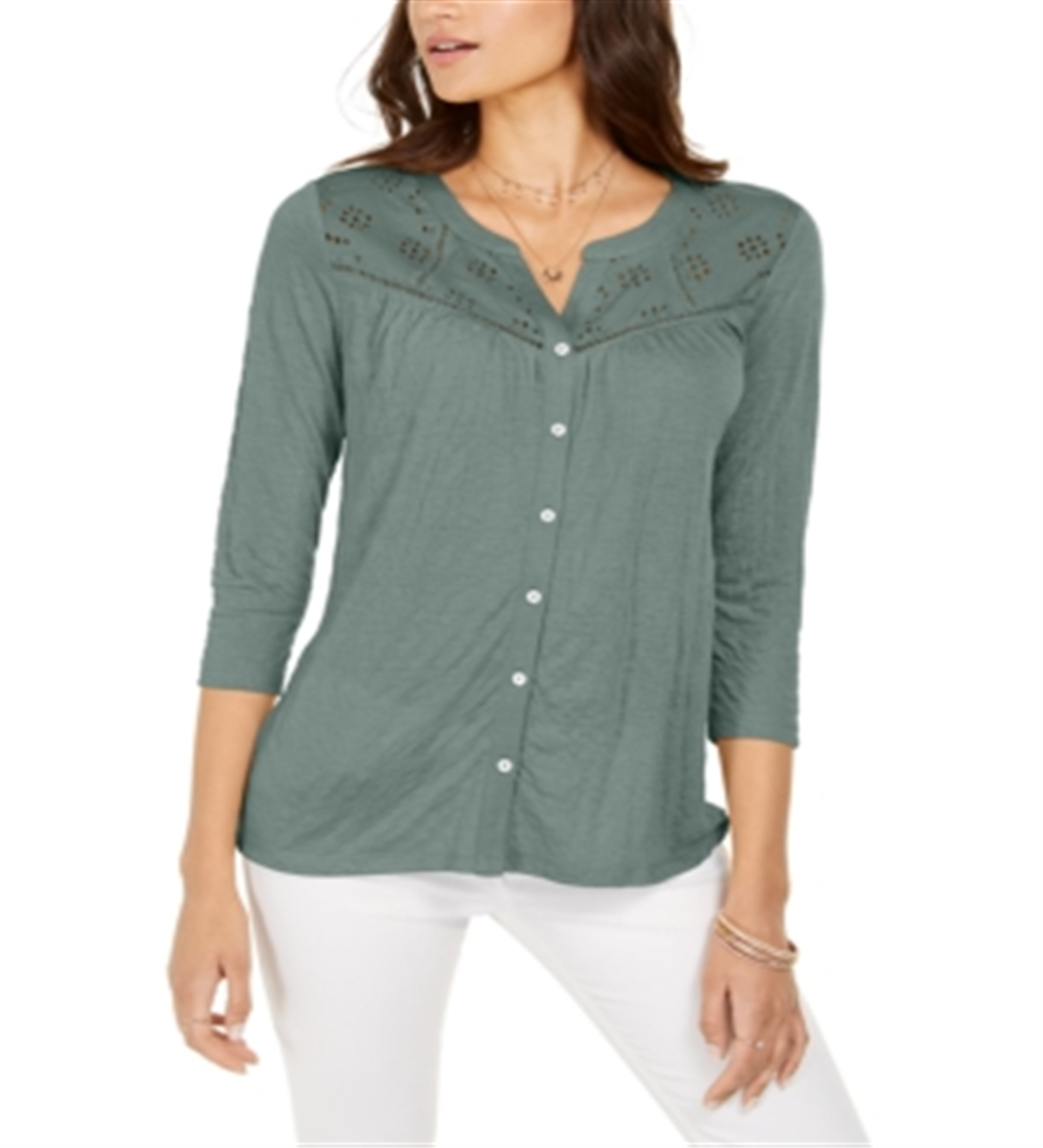 Style & Co Women's Eyelet Button Front Top Mint Size Medium