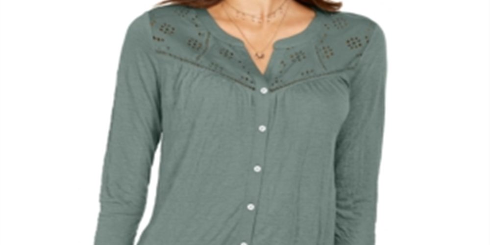 Style & Co Women's Eyelet Button Front Top Mint Size Medium
