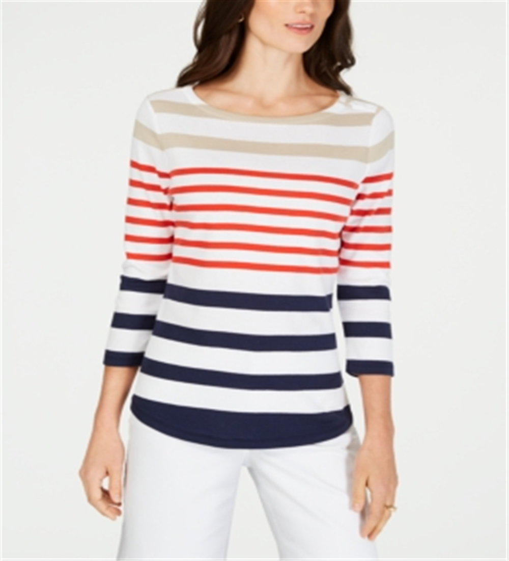 Charter Club Women's Pima Cotton Button Shoulder Stripe Top Red Size Small