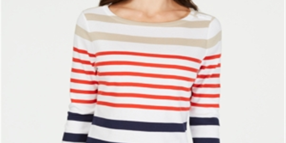 Charter Club Women's Pima Cotton Button Shoulder Stripe Top Red Size Small