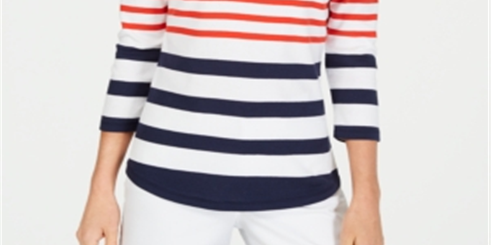 Charter Club Women's Pima Cotton Button Shoulder Stripe Top Red Size Small