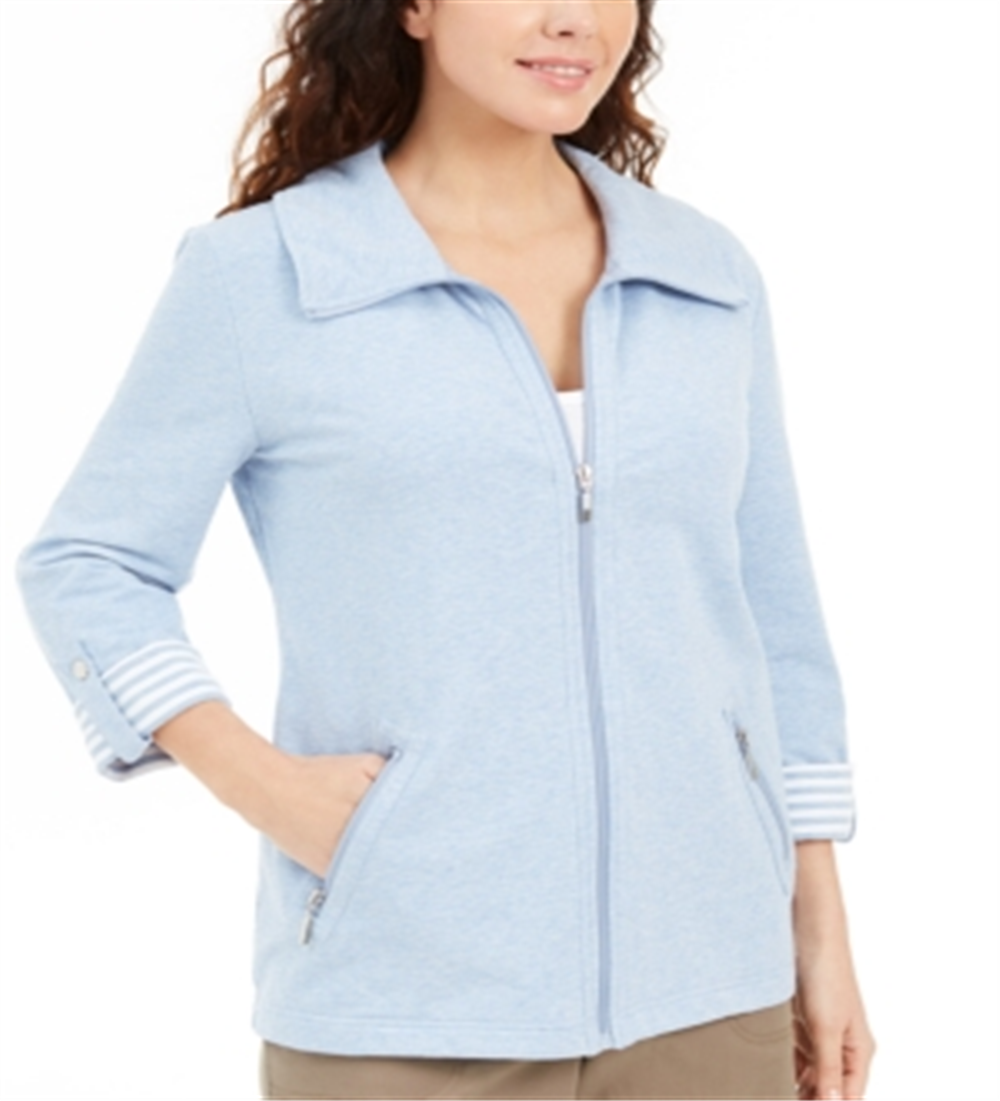 Karen Scott Women's Striped Cuff Wing Collar Jacket Blue Size Large