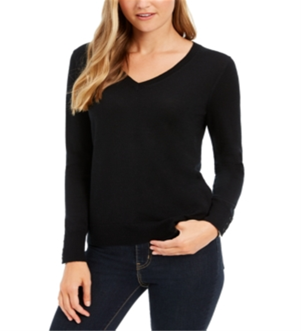 Charter Club Women's Merino Wool Button Cuff V Neck Sweater Black Size Small