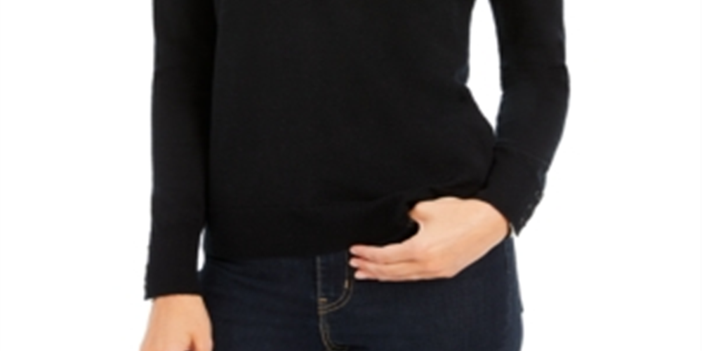 Charter Club Women's Merino Wool Button Cuff V Neck Sweater Black Size Small