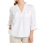 Charter Club Women's Woven Drawstring Tie Cuff Top White Size Medium