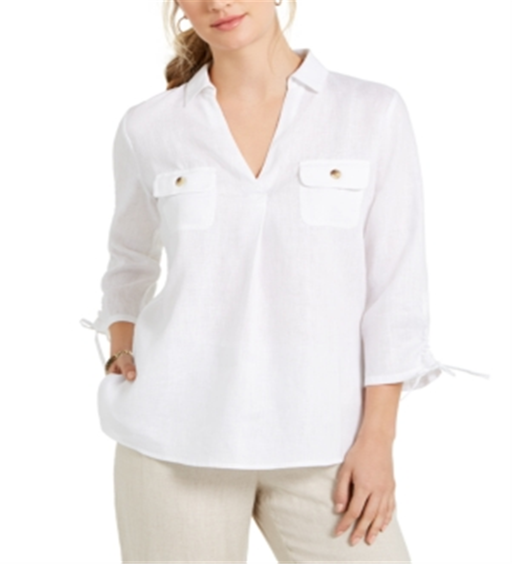Charter Club Women's Woven Drawstring Tie Cuff Top White Size Medium