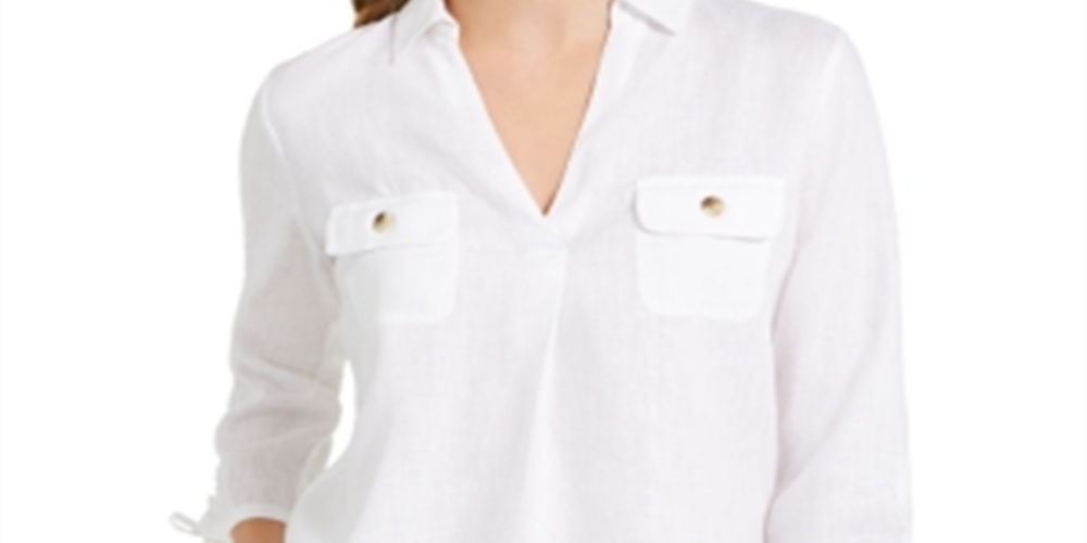 Charter Club Women's Woven Drawstring Tie Cuff Top White Size Medium