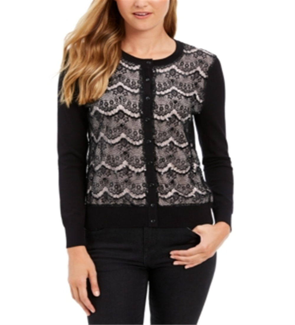 Charter Club Women's Lace Sequin Button Sweater Pink Size Small