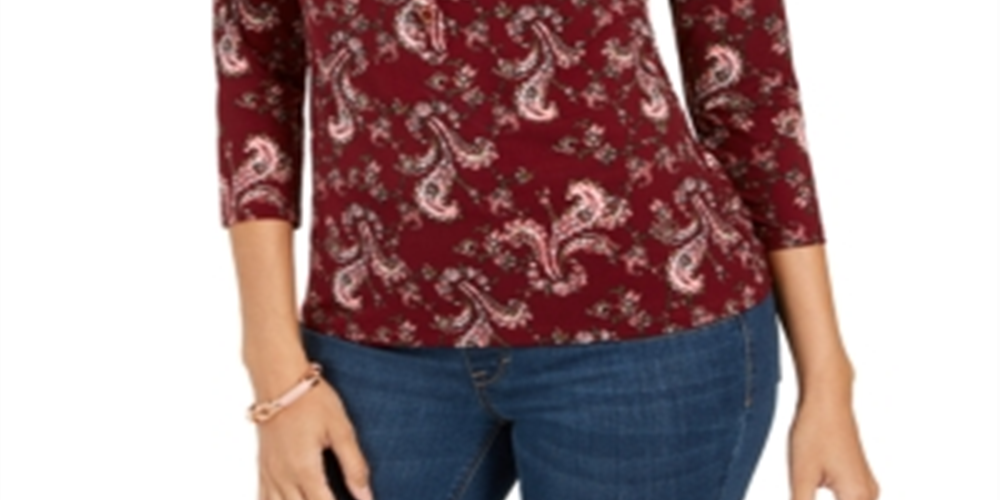 Charter Club Women's 3/4 Sleeve Printed Polo Top Red Size XX-Large