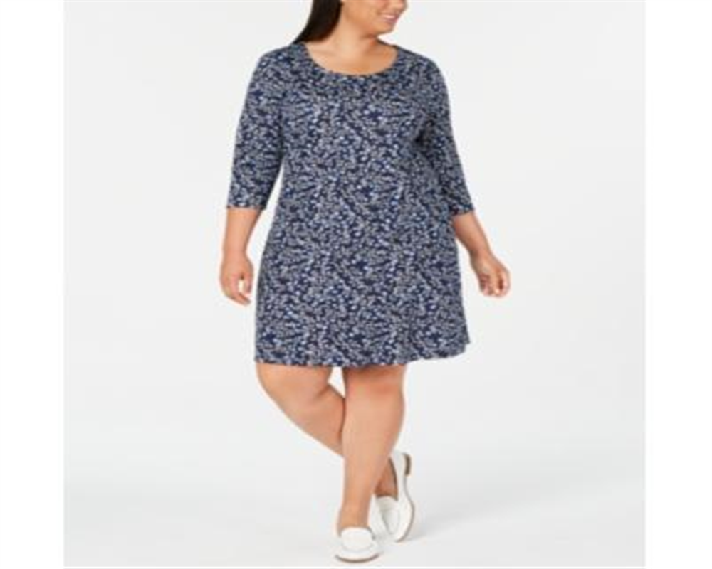 Karen Scott Women's Floral Print Swing Dress Blue Size Petite Small