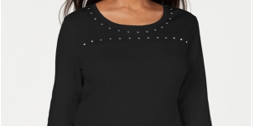 Karen Scott Women's Scoop Neck Studded Top Black Size Small