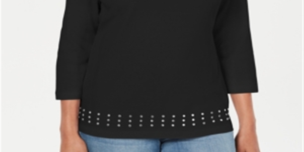 Karen Scott Women's Scoop Neck Studded Top Black Size Small