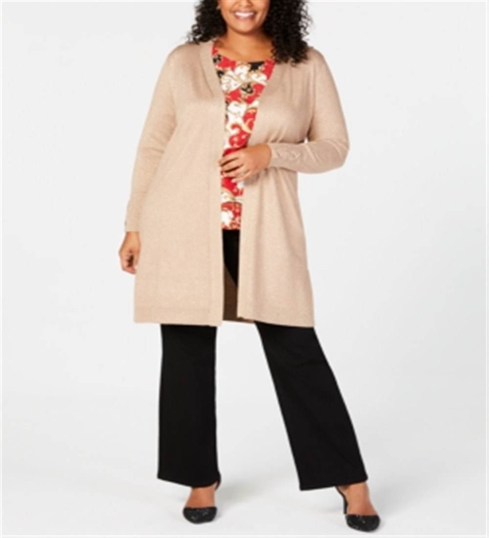 JM Collection Women's Plus Lace up Metallic Cardigan Beige Size 2X
