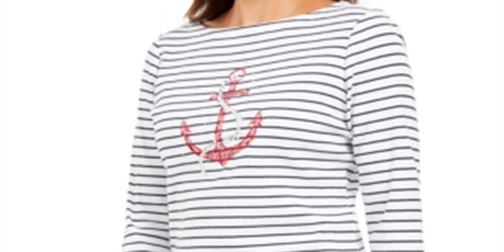 Karen Scott Women's Cotton Striped Anchor Graphic Top White Combo Size Petite S/M