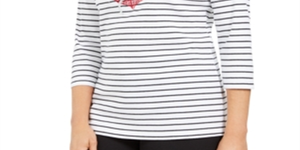 Karen Scott Women's Cotton Striped Anchor Graphic Top White Combo Size Petite S/M