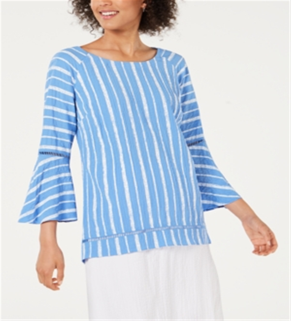 JM Collection Women's Bell Sleeve Crinkle Top Blue Size Petite Medium