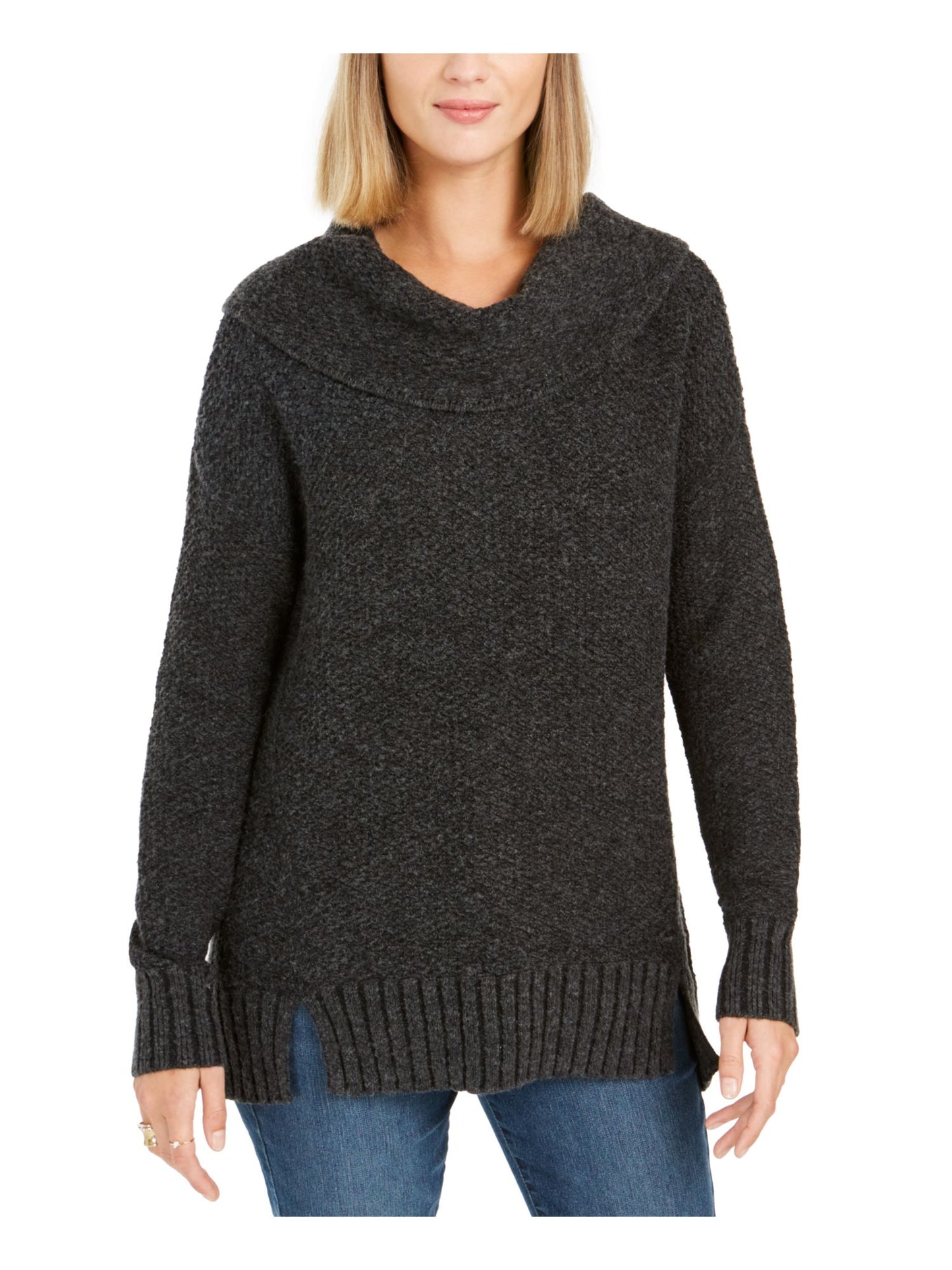 Style & Co Women's Textured Long Sleeve Cowl Neck Sweater Gray Size Petite Small