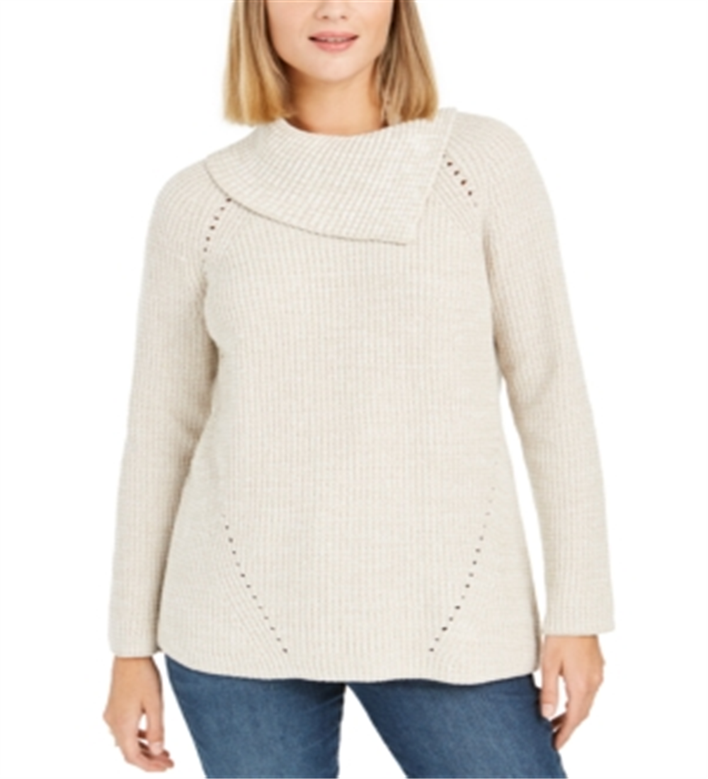 Style & Co Women's Pointelle Envelope Neck Sweater Oatmeal  Size Petite S