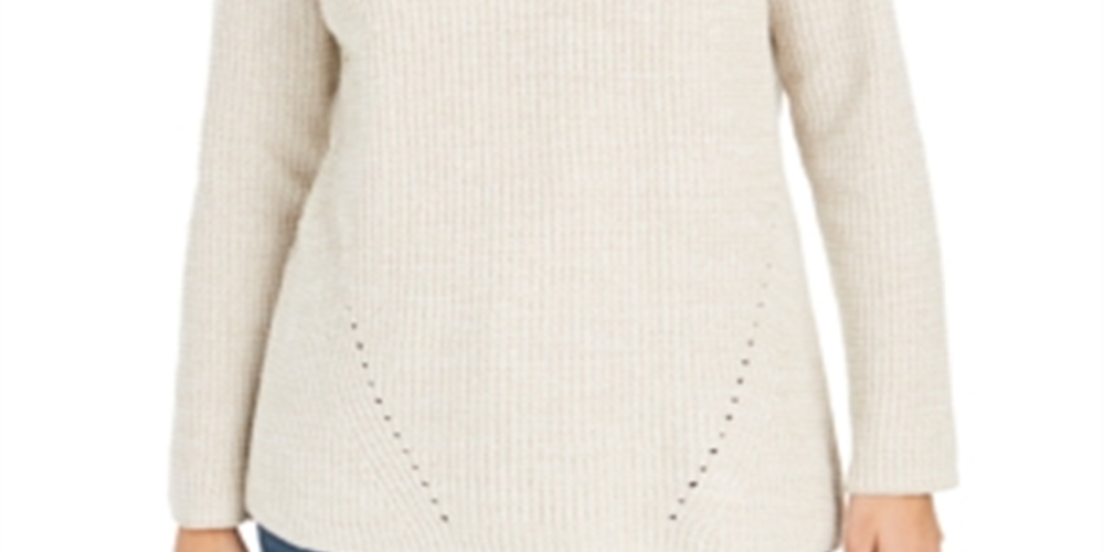 Style & Co Women's Pointelle Envelope Neck Sweater Oatmeal  Size Petite S