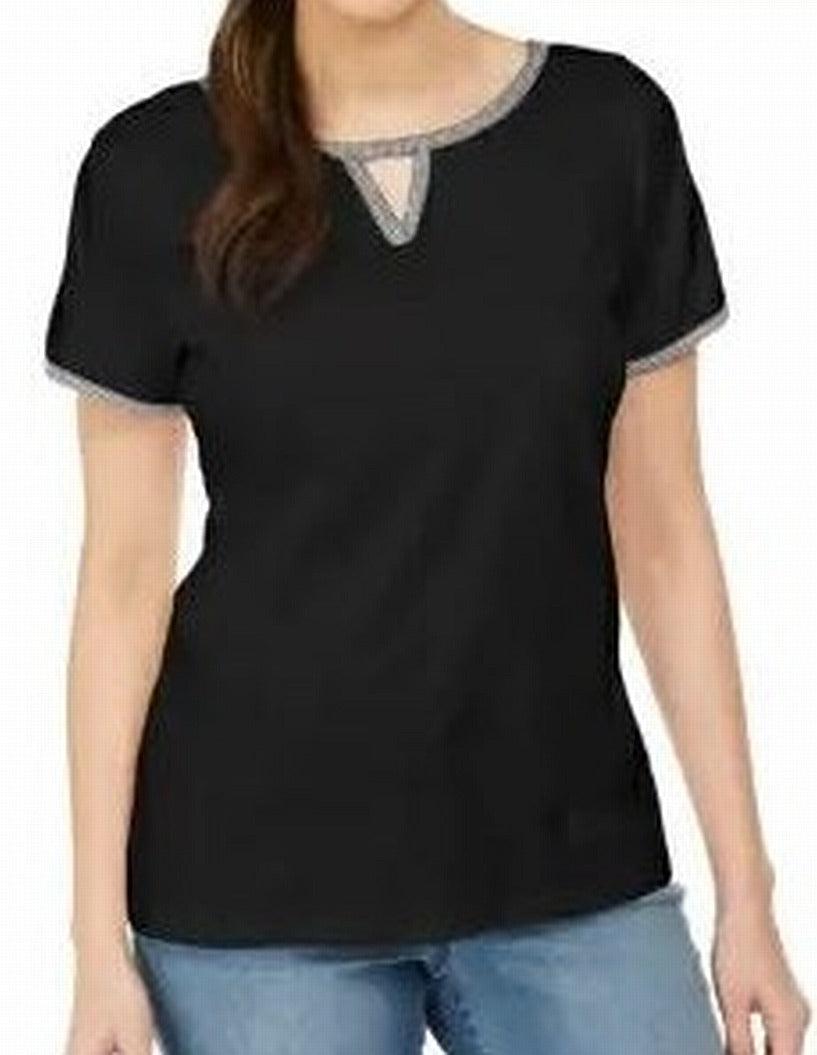 Karen Scott Women's T-Shirt Plaid Trim Keyhole Black Size Large
