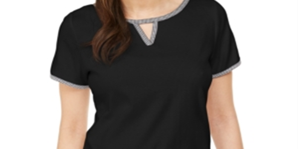 Karen Scott Women's T-Shirt Plaid Trim Keyhole Black Size Large