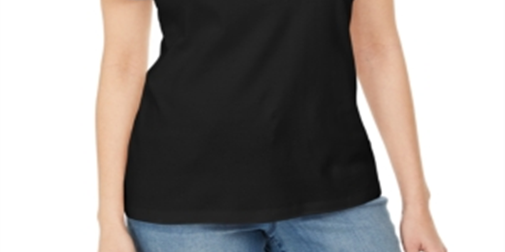Karen Scott Women's T-Shirt Plaid Trim Keyhole Black Size Large