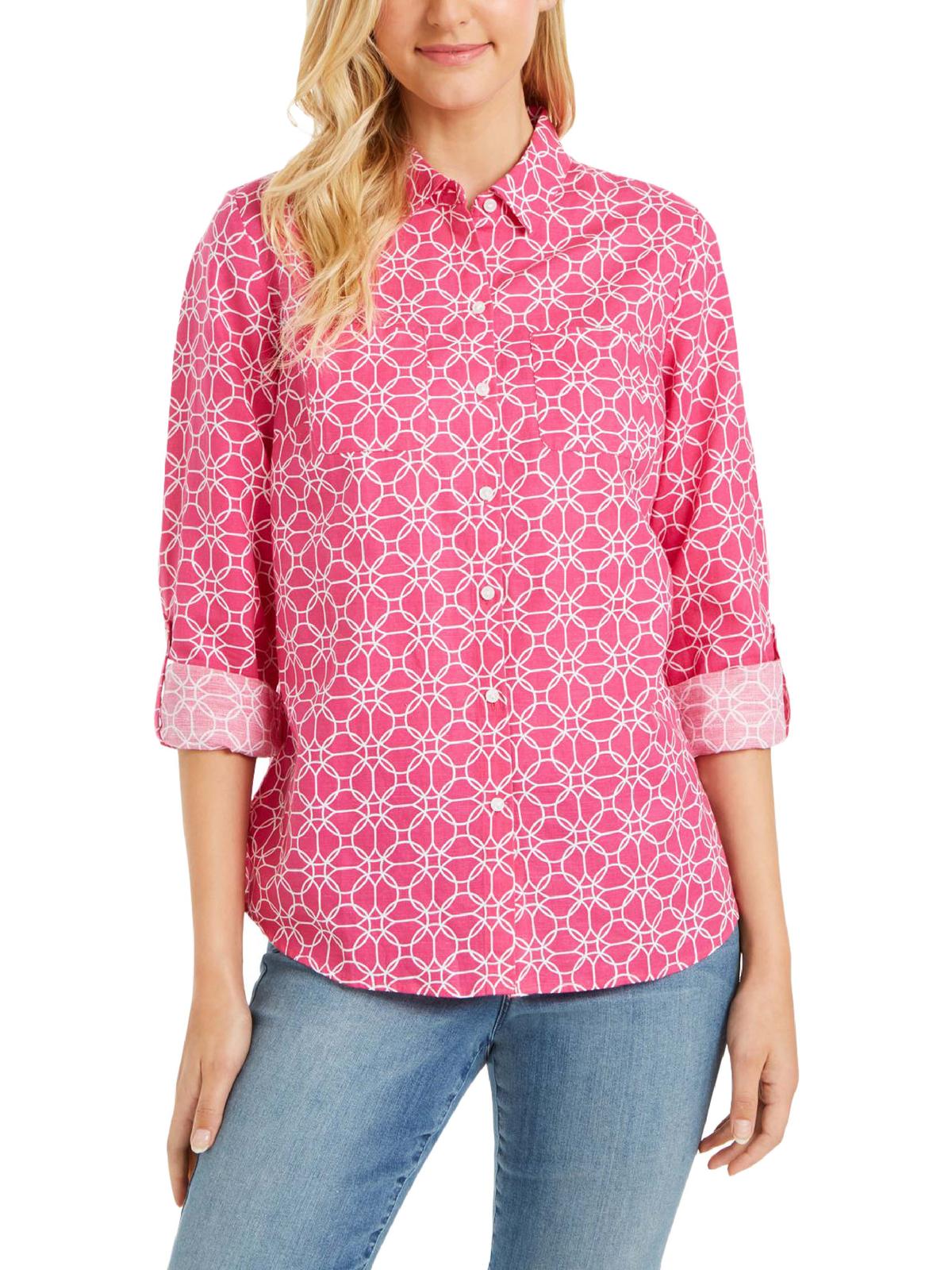 Charter Club Women's Linen Collared Button Down Top Pink Size Medium