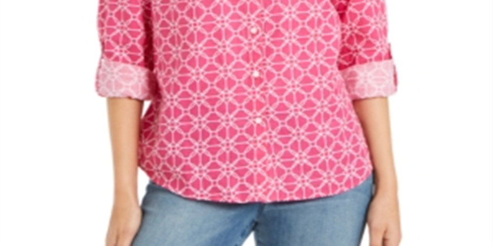 Charter Club Women's Linen Collared Button Down Top Pink Size Medium