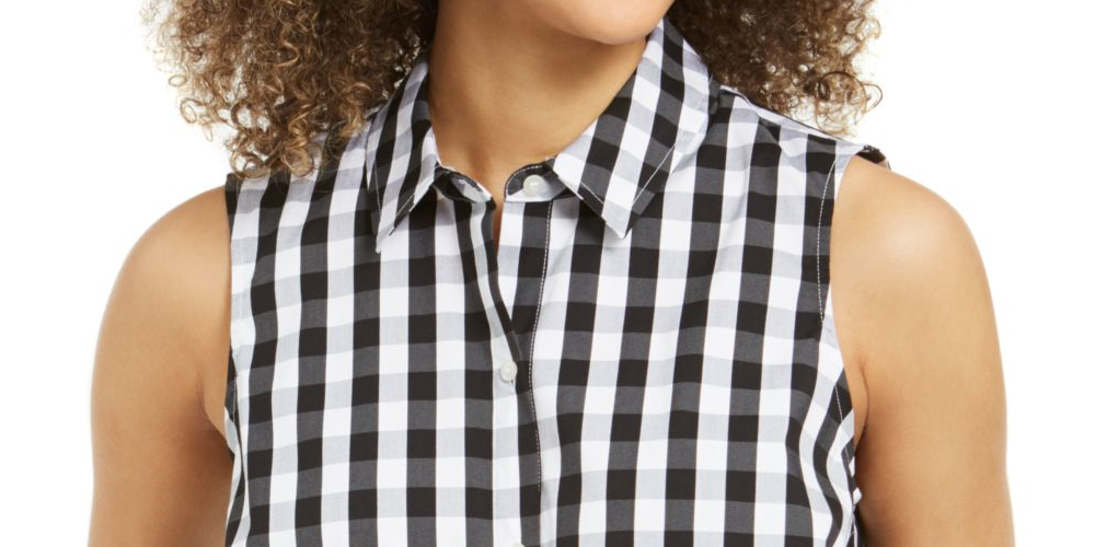 Charter Club Women's Gingham Print Tie Hem Shirt Black Size 16