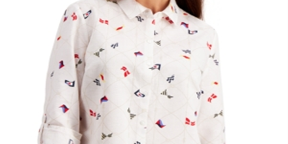Charter Club Women's Linen Nautical Print Blouse White Size Large