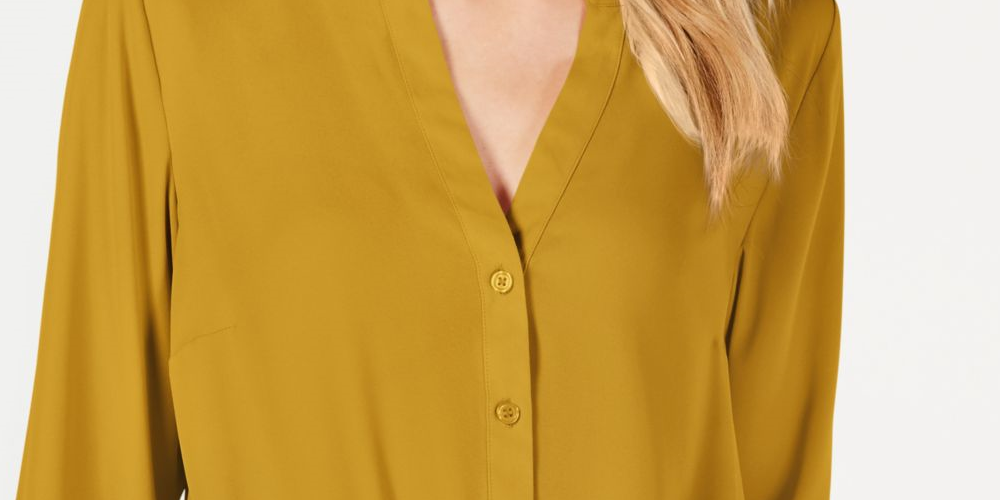 INC International Concepts Women's Solid Cuffed V Neck Button up Top Yellow Size Petite Small