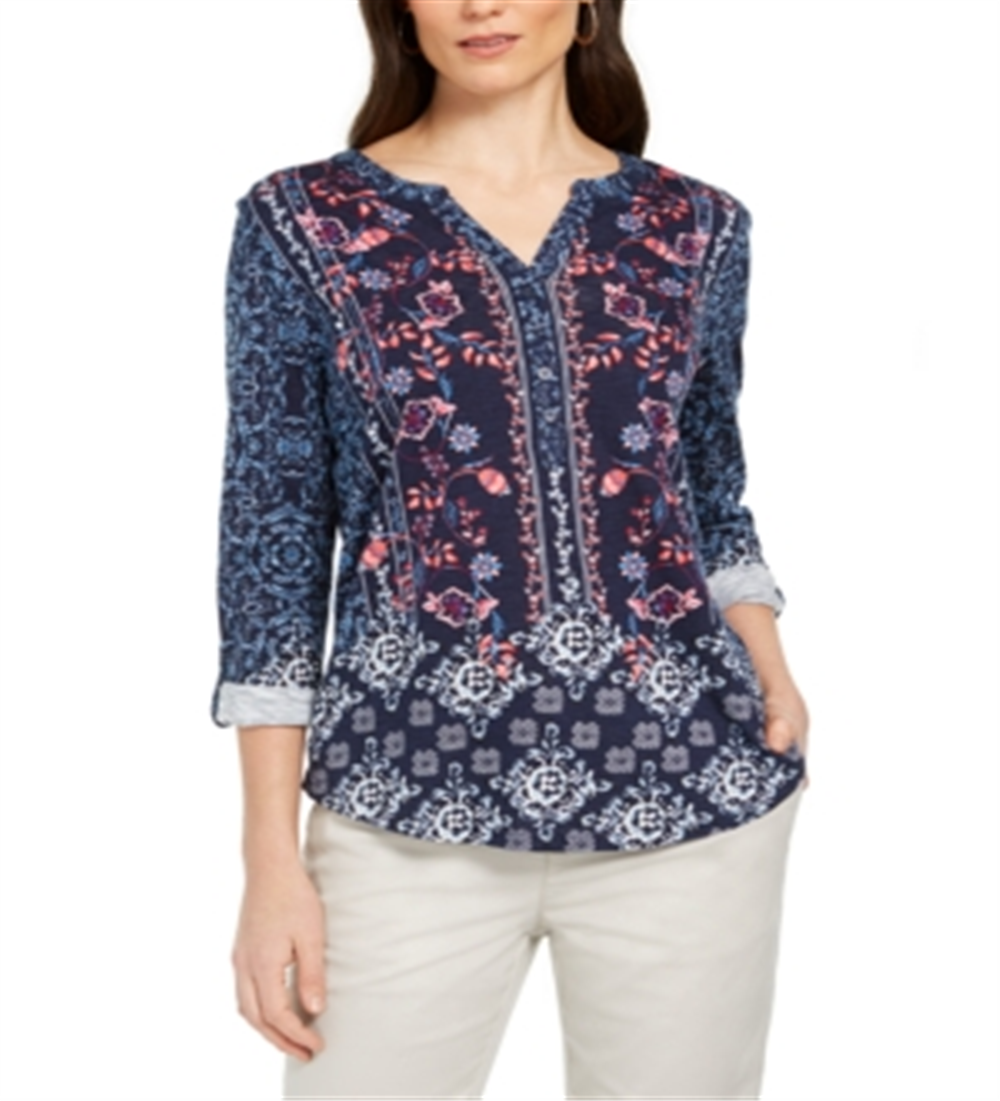 Style & Co Women's Printed Textured Knit Top Blue Size Medium