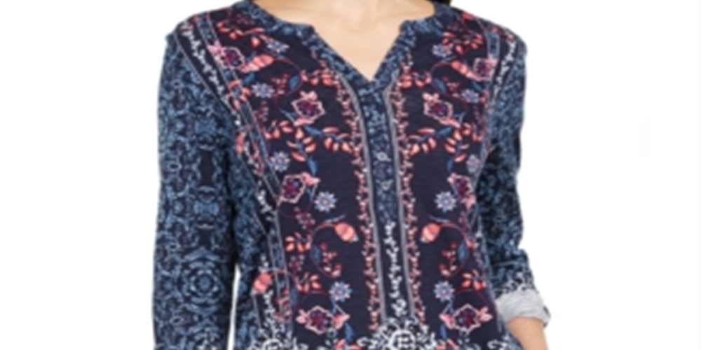 Style & Co Women's Printed Textured Knit Top Blue Size Medium