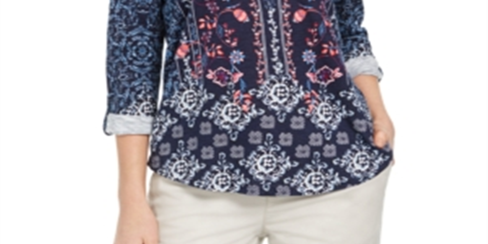 Style & Co Women's Printed Textured Knit Top Blue Size Medium