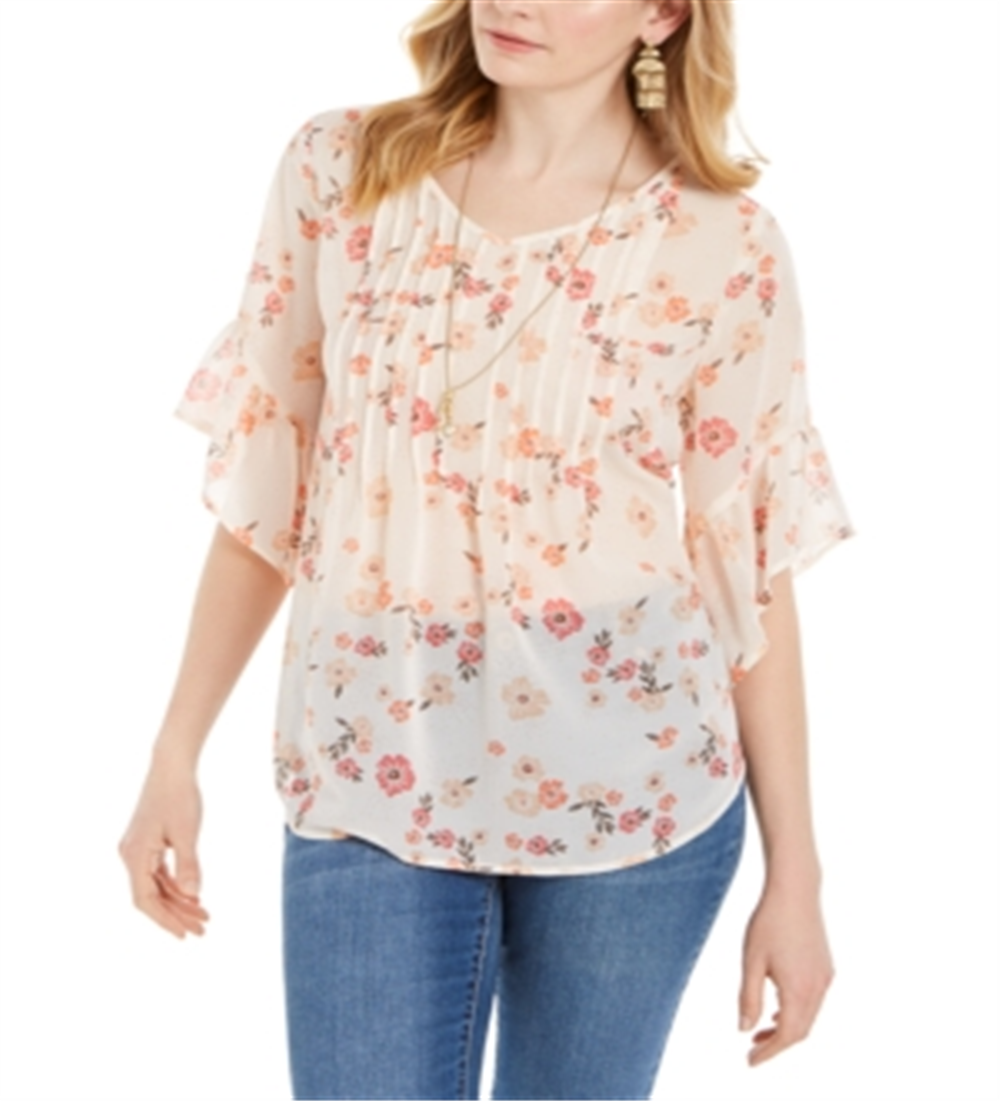 Style & Co Women's Sheer Pintuck Floral Print Blouse Pink Size XS