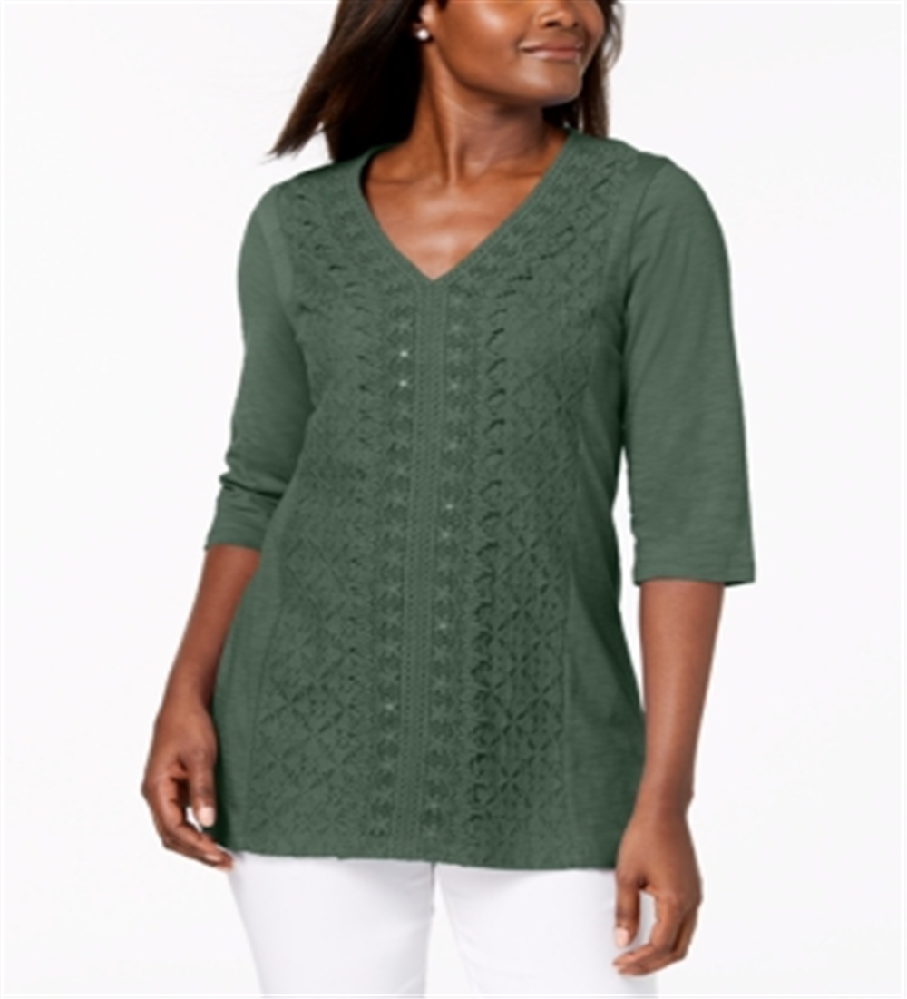 JM Collection Women's Embellished Lace Contrast Top Green Size X-Small