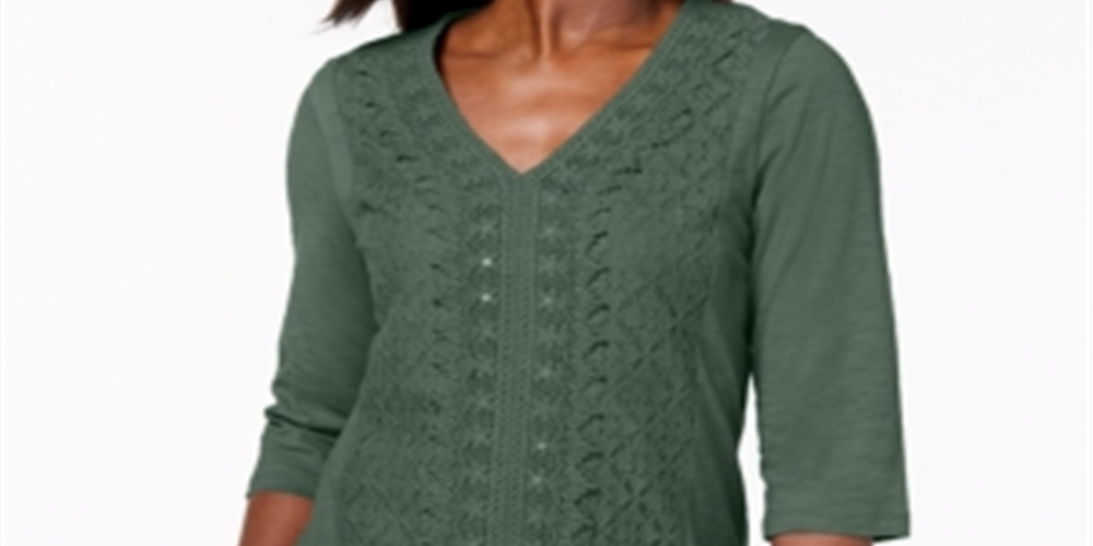 JM Collection Women's Embellished Lace Contrast Top Green Size X-Small