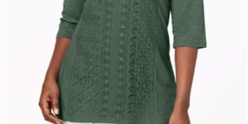 JM Collection Women's Embellished Lace Contrast Top Green Size X-Small