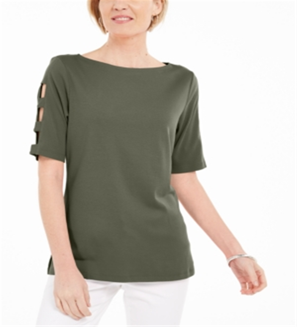 Karen Scott Women's Cotton Cutout Sleeves Top Green Size Small