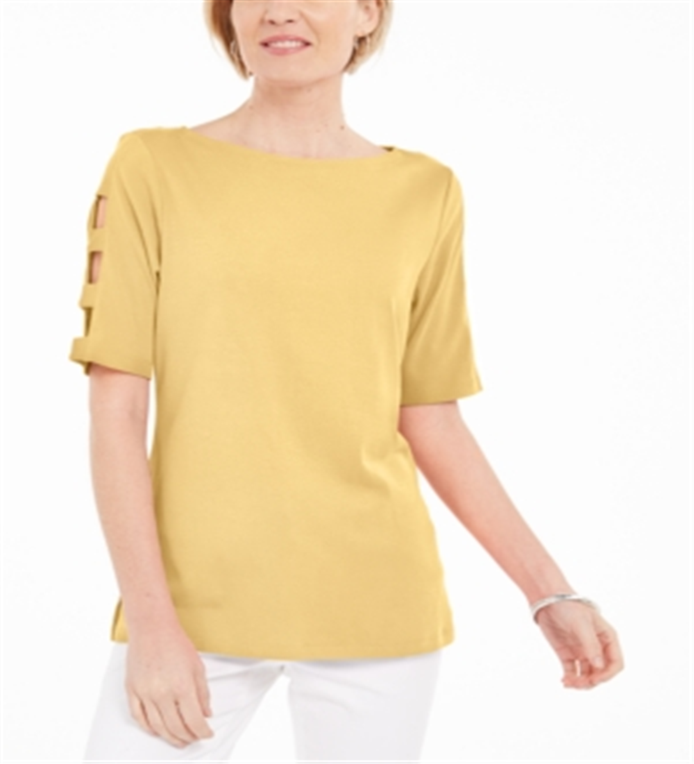 Karen Scott Women's Cotton Cutout Sleeves Top Yellow Size Medium