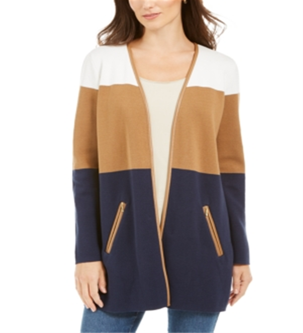 Charter Club Women's Milano Colorblocked Cotton Completer Sweater Blue Size Petite Small
