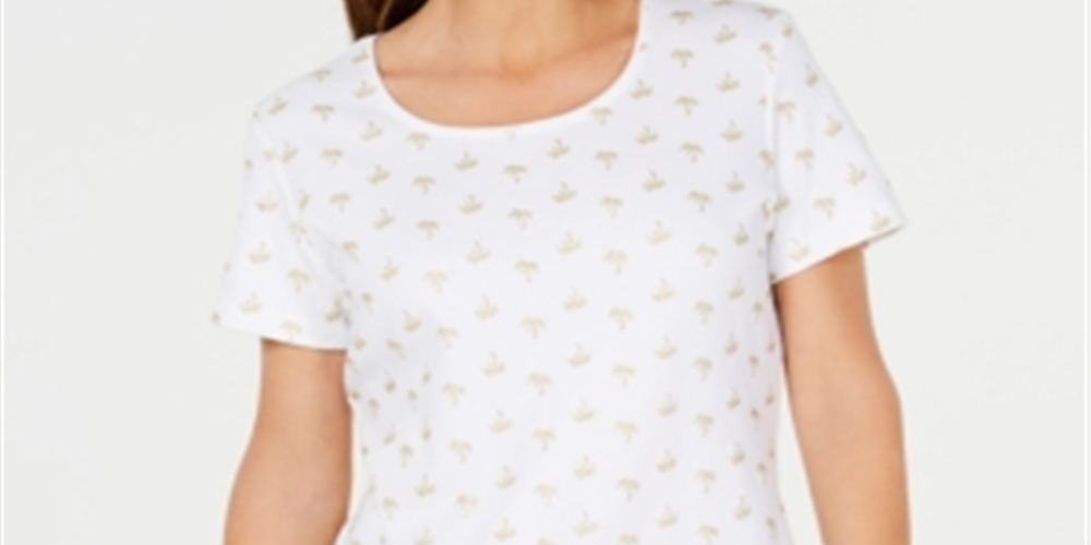 Karen Scott Women's Sparkle Palms Printed Top White Size Petite L