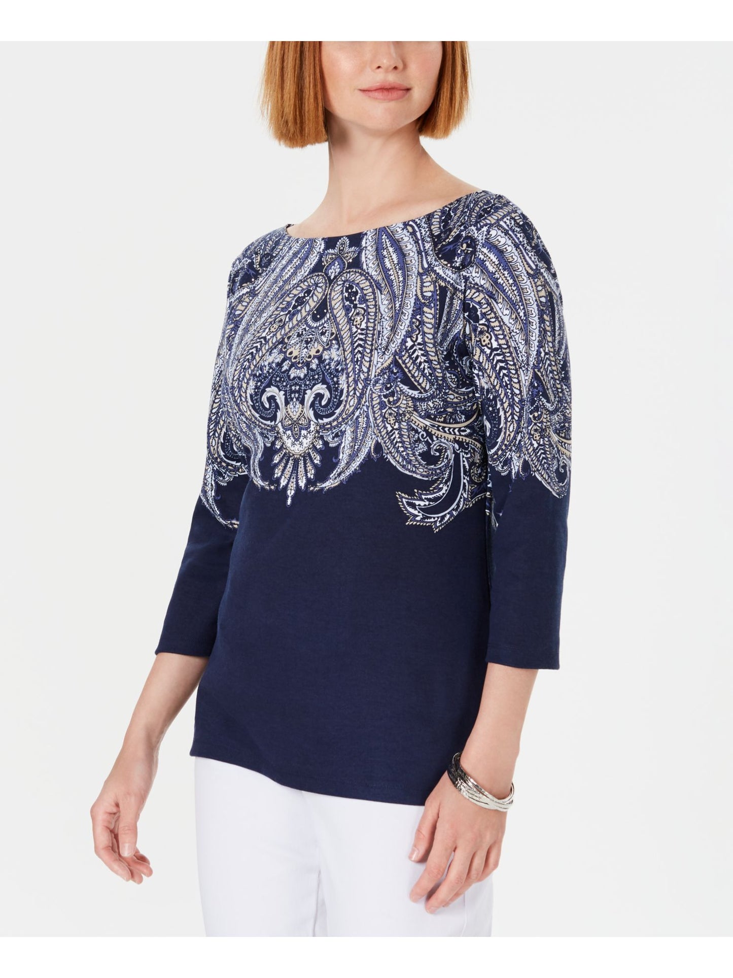 Karen Scott Women's Lile Paisley Boat Neck Top Blue Size Medium