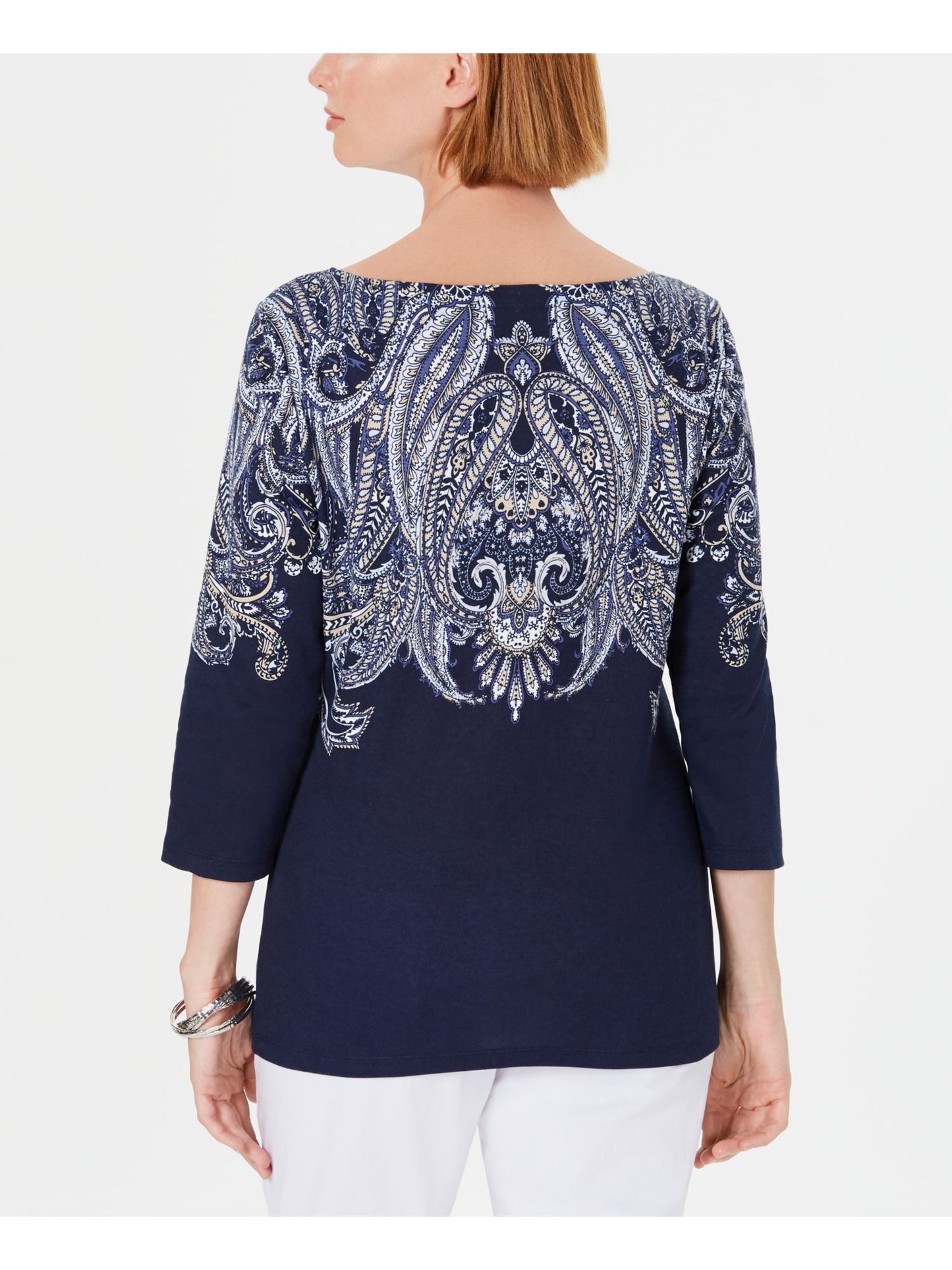 Karen Scott Women's Lile Paisley Boat Neck Top Blue Size Medium