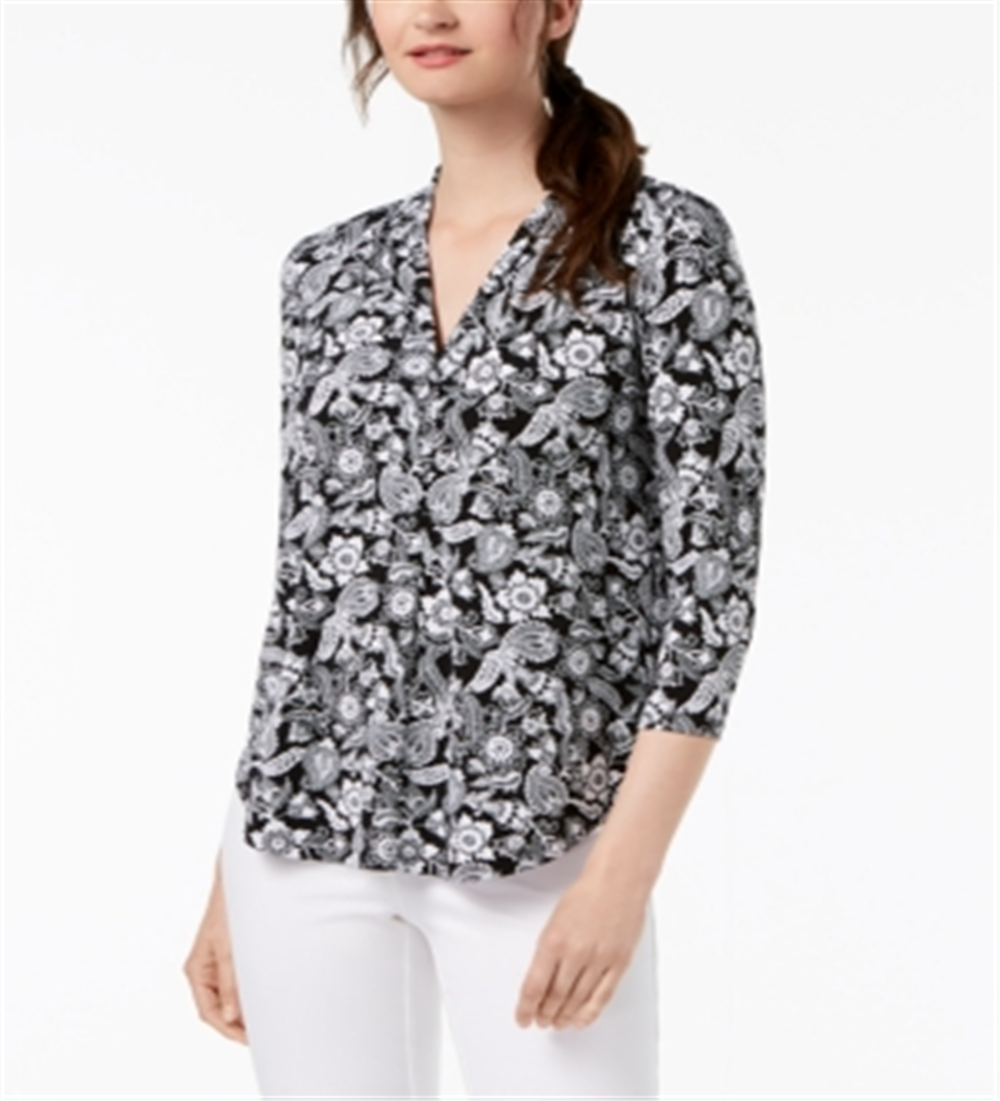 Charter Club Women's Floral V Neck Top Black Size X-Small