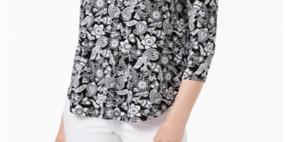 Charter Club Women's Floral V Neck Top Black Size X-Small