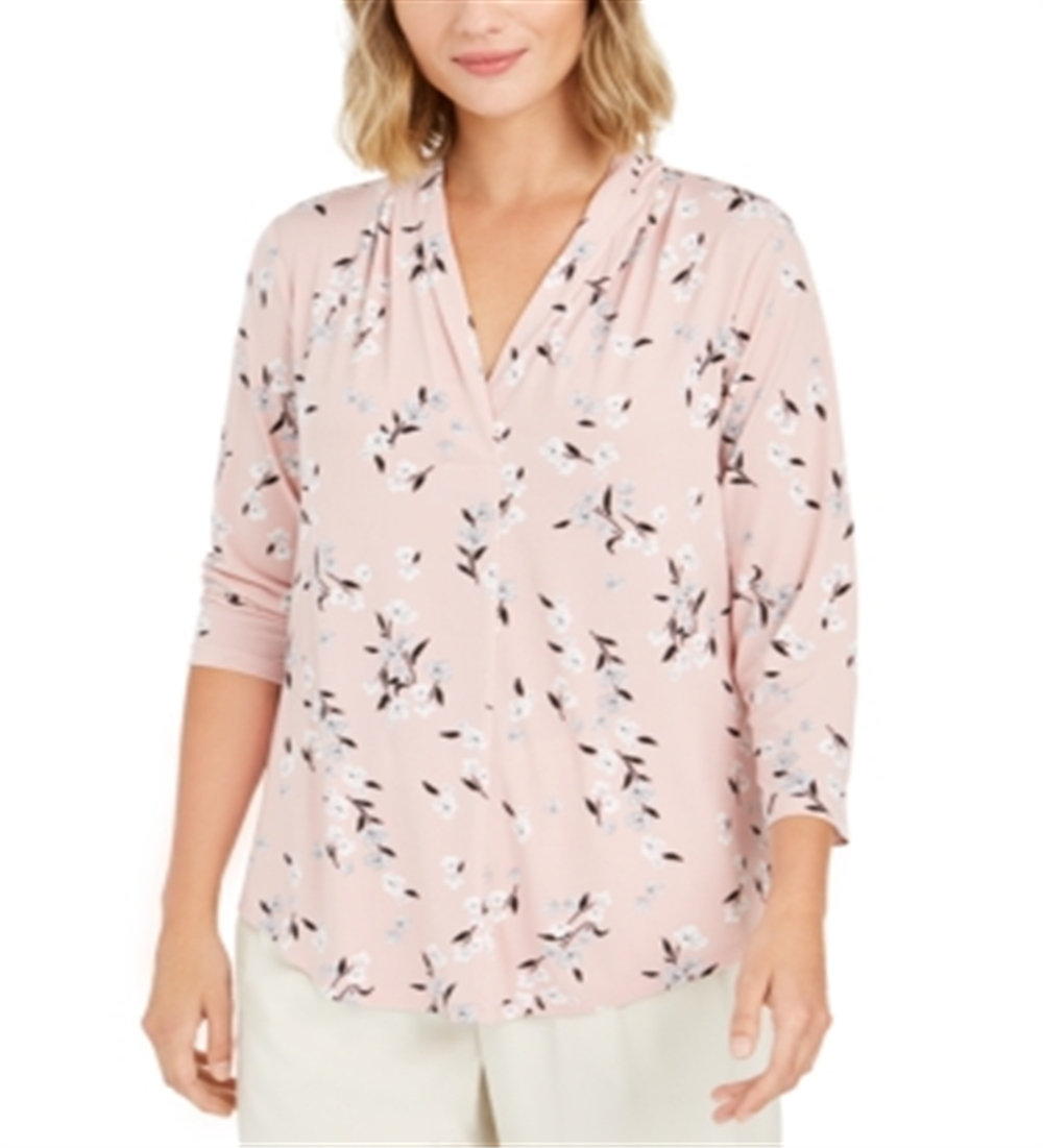 Charter Club Women's Floral Print V Neck Top Pink Size Petite XL
