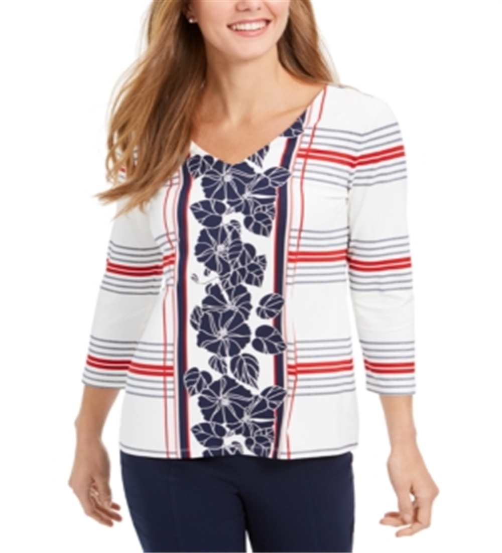 Charter Club Women's Mixed Print Top White Size Petite