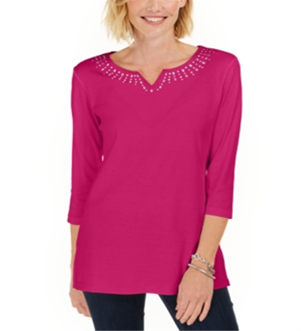 Karen Scott Women's Cotton Studded Split Neck Top Pink Size X-Small