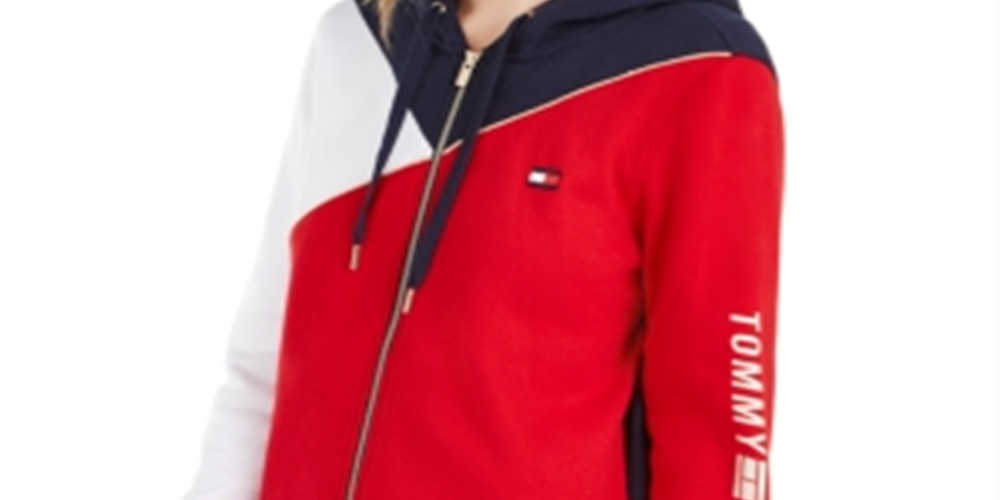 Tommy Hilfiger Women's Sport Colorblocked Zip up Hooded Sweatshirt Red Size Medium